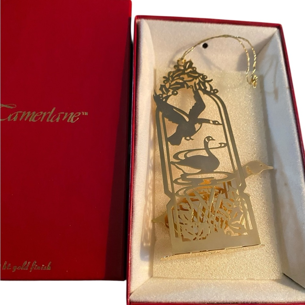 Vintage Tamerlane Gold tone Christmas goose ornament w box holiday collectible